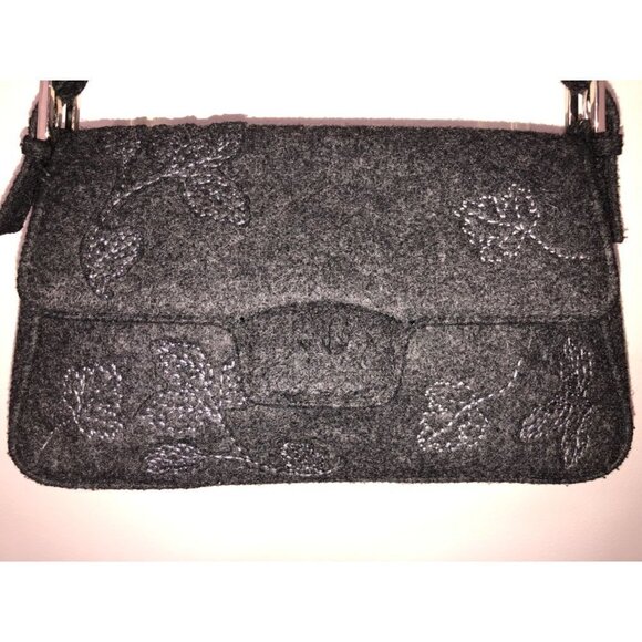 Handbag Gray Textured Leaves Fabric Shoulder Bag Purse Fall Felted Liz Claiborne - Picture 3 of 12